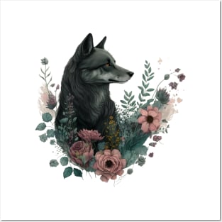 Colorful Wolf with Flowers Posters and Art